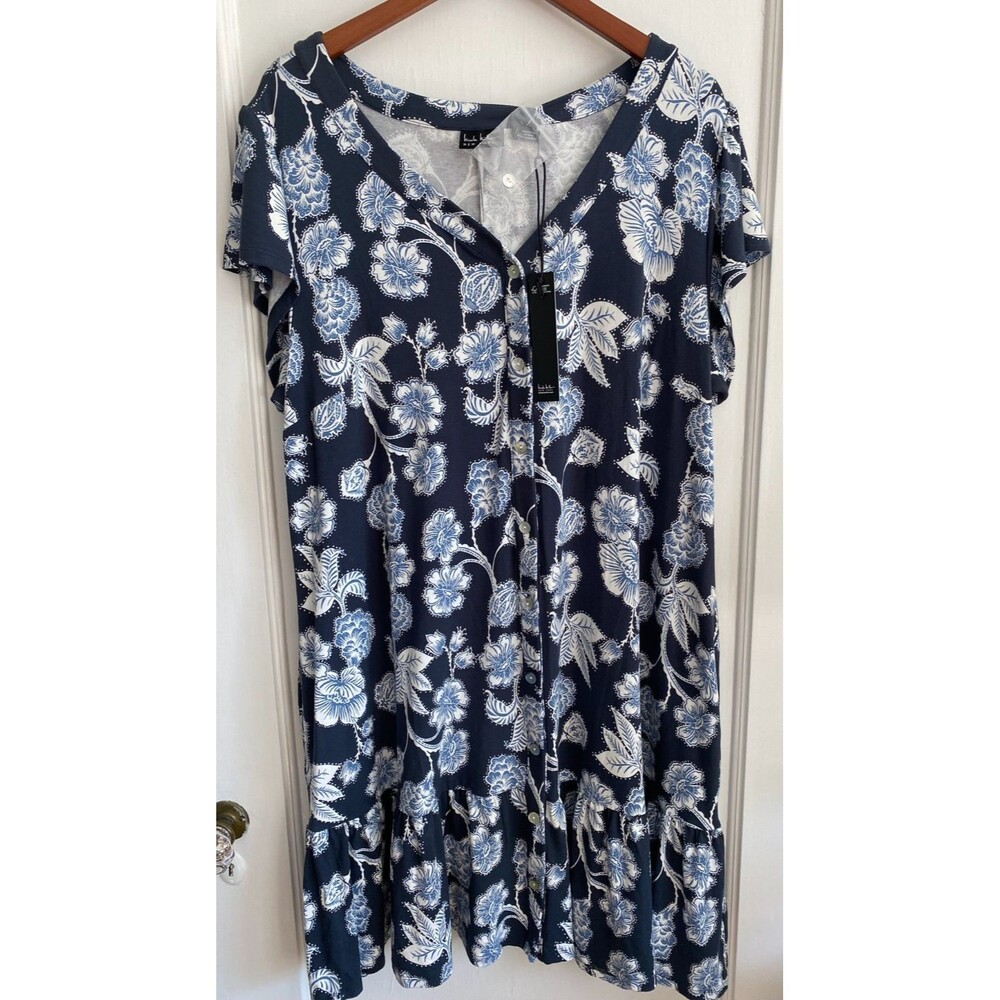 NWT‎ Nicole Miller New York Navy Floral Short Sleeve V Neck Women's Size 2XL